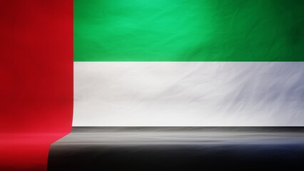Studio backdrop with draped flag of the United Arab Emirates for presentation or product display. 3D rendering