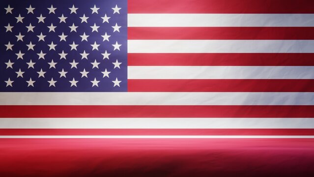 Studio backdrop with draped flag of the United States of America for presentation or product display. 3D rendering