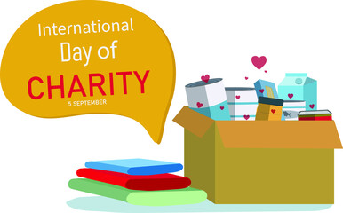 International day of charity design of poster. vector illustration of Donations in cardboard boxes. September 5.  copy space