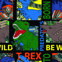 Seamless  bright Dino pattern, print for T-shirts, textiles, wrapping paper, web. Original design with t-rex, dinosaur.  grunge design for boys and girls