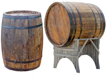 Old wooden barrels on white