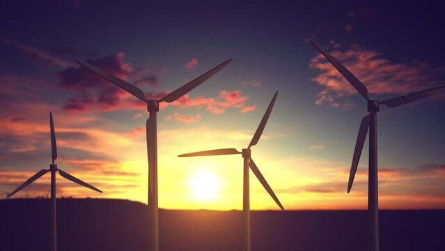 Wind turbines farm at beautiful blue sky background. Ecologic energy generators on cloud mountain landscape. Green renewable alternative power generation for bitcoin mining - Powered by Adobe