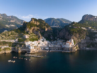 Fototapeta na wymiar View from above, stunning aerial view of the village of Atrani. Atrani is a city and comune on the Amalfi Coast in the province of Salerno in the Campania region of south-western Italy.