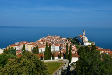 View of the town of Piran on the Adriatic sea coast in Istria and Primorska, Slovenia