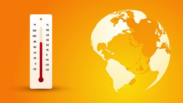 global warming, rotating globe planet earth, rising temperature on thermometer, hot summer heat abstract global problem danger concept