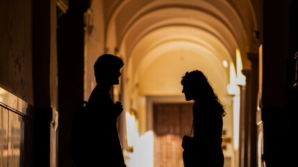 Silhouette of two young people chatting on building corridor with sunlight and shadow - obrazy, fototapety, plakaty
