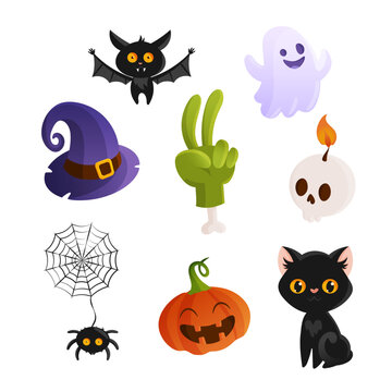 Cute halloween set with characters and decorations
