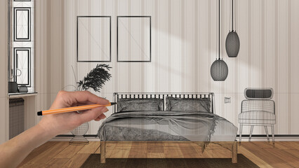 Empty white interior with parquet floor, hand drawing custom architecture design, black ink sketch, blueprint showing scandinavian bedroom, striped wallpaper background concept idea