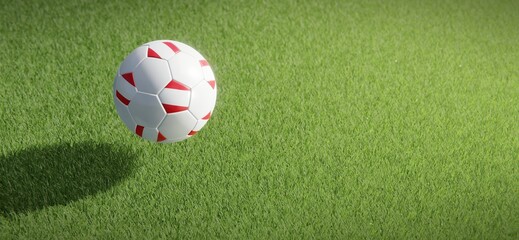 Naklejka premium Football or soccer ball design with flag of Peru against grass pitch backdrop. 3D rendering