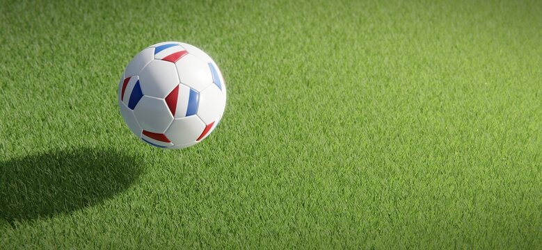 Football or soccer ball design with flag of the Netherlands against grass pitch backdrop. 3D rendering