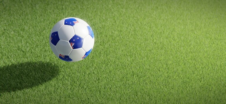 Football or soccer ball design with flag of New Zealand against grass pitch backdrop. 3D rendering