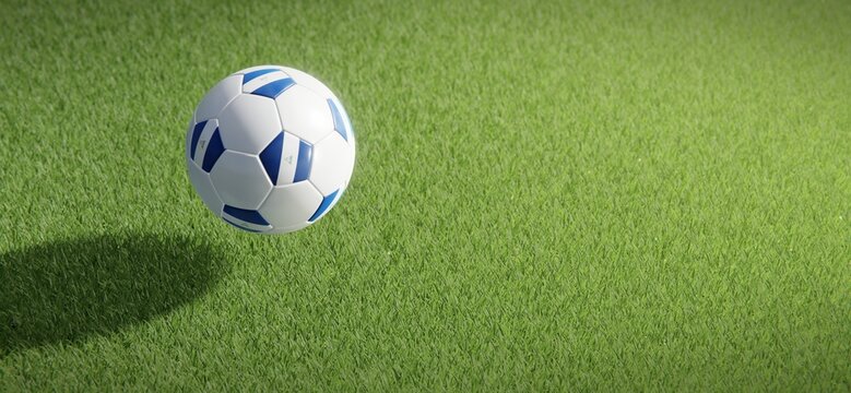Football or soccer ball design with flag of Nicaragua against grass pitch backdrop. 3D rendering