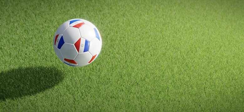Football or soccer ball design with flag of Paraguay against grass pitch backdrop. 3D rendering