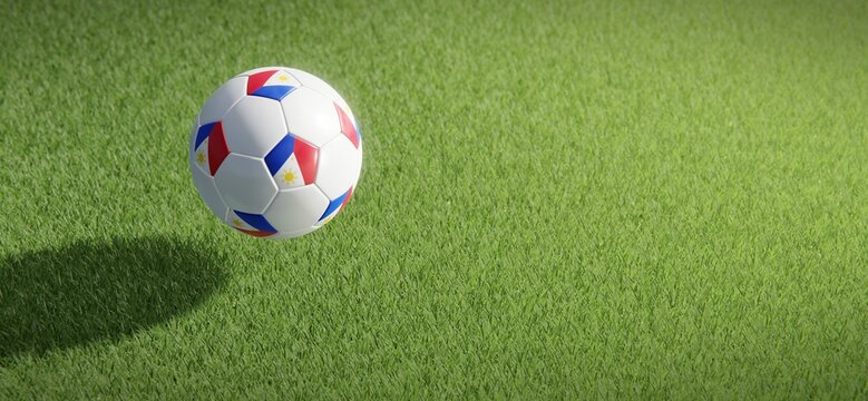 Football or soccer ball design with flag of the Philippines against grass pitch backdrop. 3D rendering