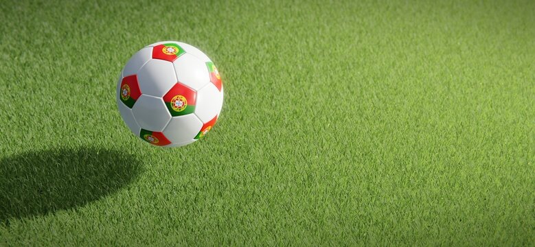 Football or soccer ball design with flag of Portugal against grass pitch backdrop. 3D rendering