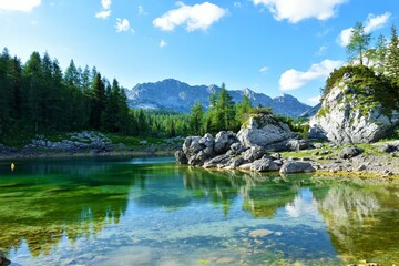 Scenic view of Double lake or Dvojno jezero in Triglav lakes valley in Julian alps and Triglav national park
