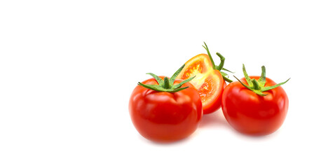 Fresh red tomatoes on a white background. Close-up, design, banner.