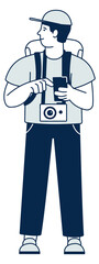Tourist man with photo camera and backpack standing