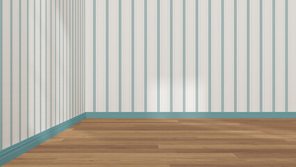 Empty room interior design in white and blue tones, open space with parquet wooden floor, striped wallpaper, classic architecture concept idea