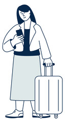 Woman with suitcase looking at phone screen. Traveler character