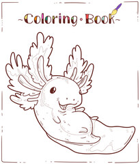 Axolotl, a Coloring Sheet. Cartoon outline picture of playful baby axolotl. A colouring book page. Contour illustration for children preschool education. Interesting home activity for kids.