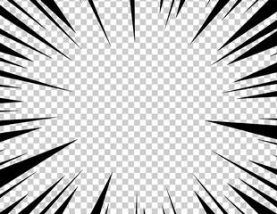 Obraz premium Comic book explosion effect on transparent background. High speed mockup with black pop art rays. 