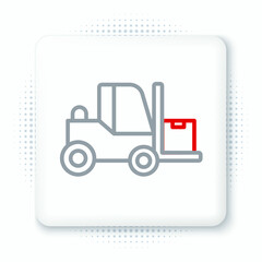 Line Forklift truck icon isolated on white background. Fork loader and cardboard box. Cargo delivery, shipping, transportation. Colorful outline concept. Vector