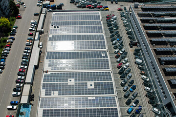 aerial view of the factory roof with solar panels