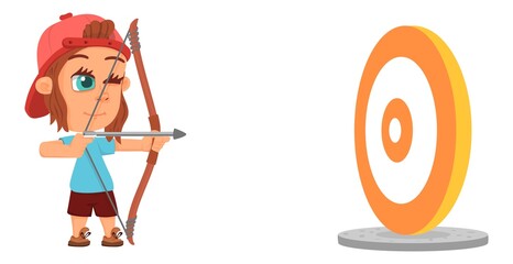 Girl archer character. Kid aiming in target with bow