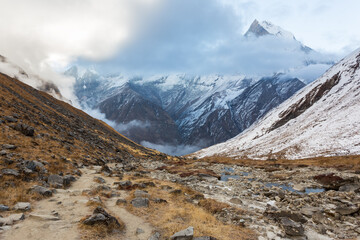 View of Mount Machapuchare from Nepali meaning Fishtail Mountain, Annapurna Conservation Area, Himalaya, Nepal.