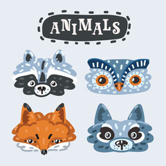 Vector illustration of Cute animals faces. Owl, raccoon, fox, wolf