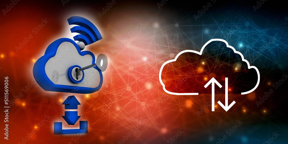 Poster 3d rendering cloud online storage icons with wifi protection key