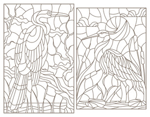 Set of contour illustrations of stained glass Windows with herons on a branch, dark contours on a white background