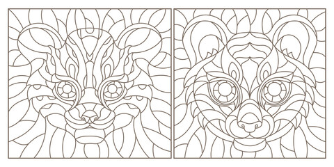 Set contour illustrations of stained glass with a Cheetah and tiger heads, square image, dark contours on white background