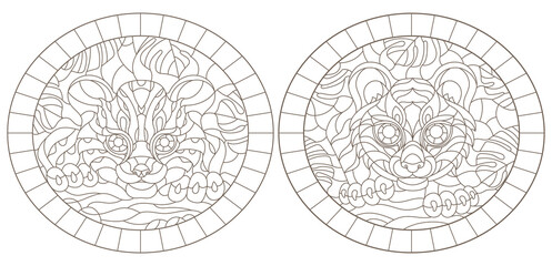 Set contour illustrations of stained glass with a tiger on the background of tropical plants, round images, dark contours on white background