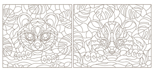 Set contour illustrations of stained glass with a tiger on the background of tropical plants,  square images, dark contours on white background