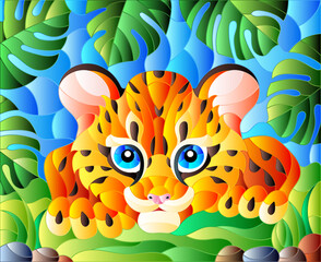 Fototapeta na wymiar Illustration in stained glass style with baby leopard on the hunt, animal on the background of tropical leaves