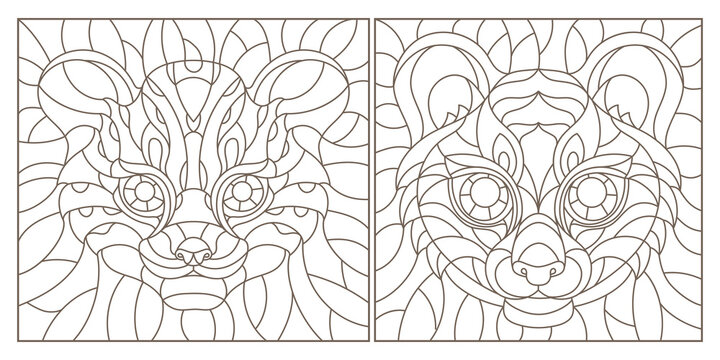 Set contour illustrations of stained glass with a Cheetah and tiger heads, square image, dark contours on white background