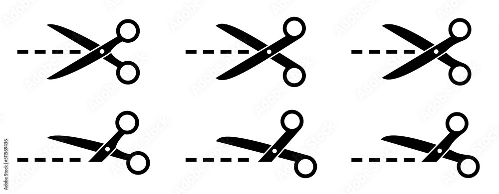 Poster scissors icon set. cutting scissors with cut lines symbols. cut here signs. isolated. - stock vector