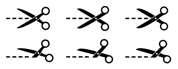 Scissors icon set. Cutting scissors with cut lines symbols. Cut here signs. Isolated. - stock vector - obrazy, fototapety, plakaty