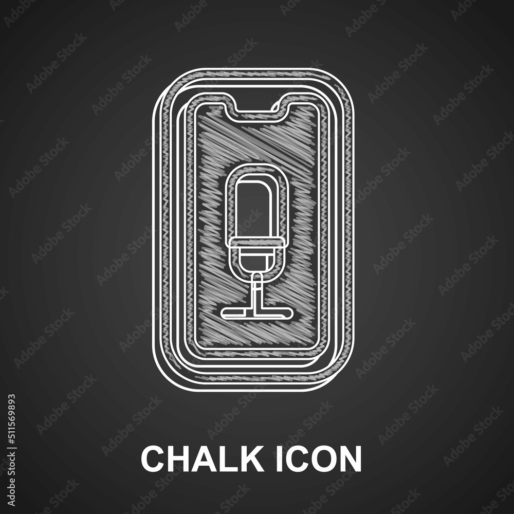 Poster Chalk Mobile recording icon isolated on black background. Mobile phone with microphone. Voice recorder app smartphone interface. Vector