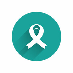 White Awareness ribbon icon isolated with long shadow background. Public awareness to disability, medical conditions and health. Green circle button. Vector