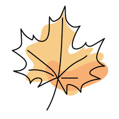 Orange maple leaf isolated on white background. Autumn leaves in linear art with the addition of pastel colored spots. Vector illustration.