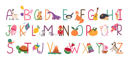 English alphabet with cute animals vector illustrations set. Childish font for kids ABC book symbols pack.