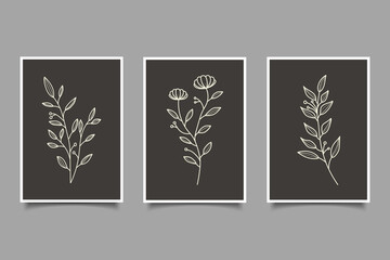 Minimal line art flowers and leaves composition poster wall art