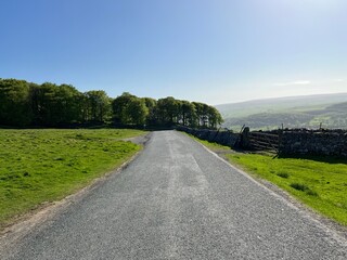 Late afternoon, on the Clitheroe to Skipton road, with trees, and distant hills near, Langcliffe, Settle, UK