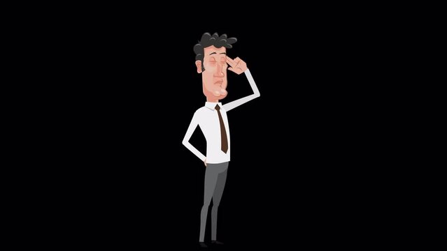 Cartoon male clerk character shoots finger gun at head gesture animation with alpha channel