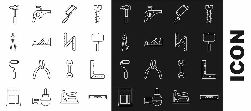 Set line Construction bubble level, Corner ruler, Sledgehammer, Hacksaw, Wood plane tool, Drawing compass, Claw and Folding icon. Vector