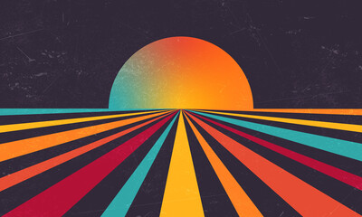 Exotic sun retro banner background. Vintage colourful grunge sunburst vector illustration.	