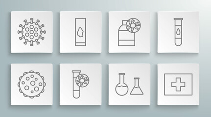 Set line Virus, Blood test and virus, Test tube with, flask, First aid kit, Bottle, and icon. Vector